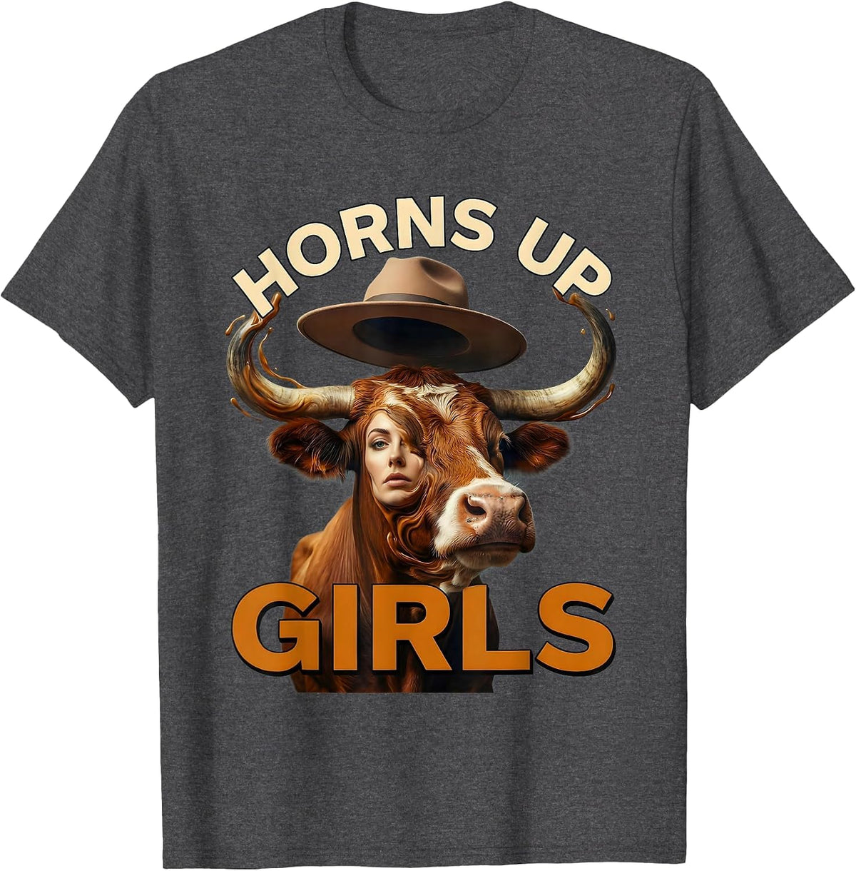 Horns Up Girls Cow Lover Graphic Design T-Shirt - Dark Heather Grey