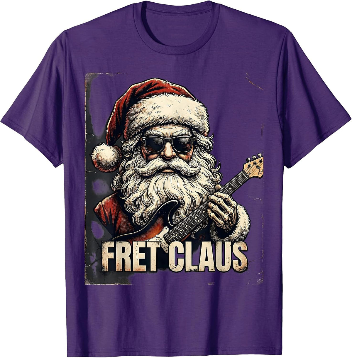 Fret Claus Distressed Heavy Metal Rock Christmas Humor T-Shirt - Purple