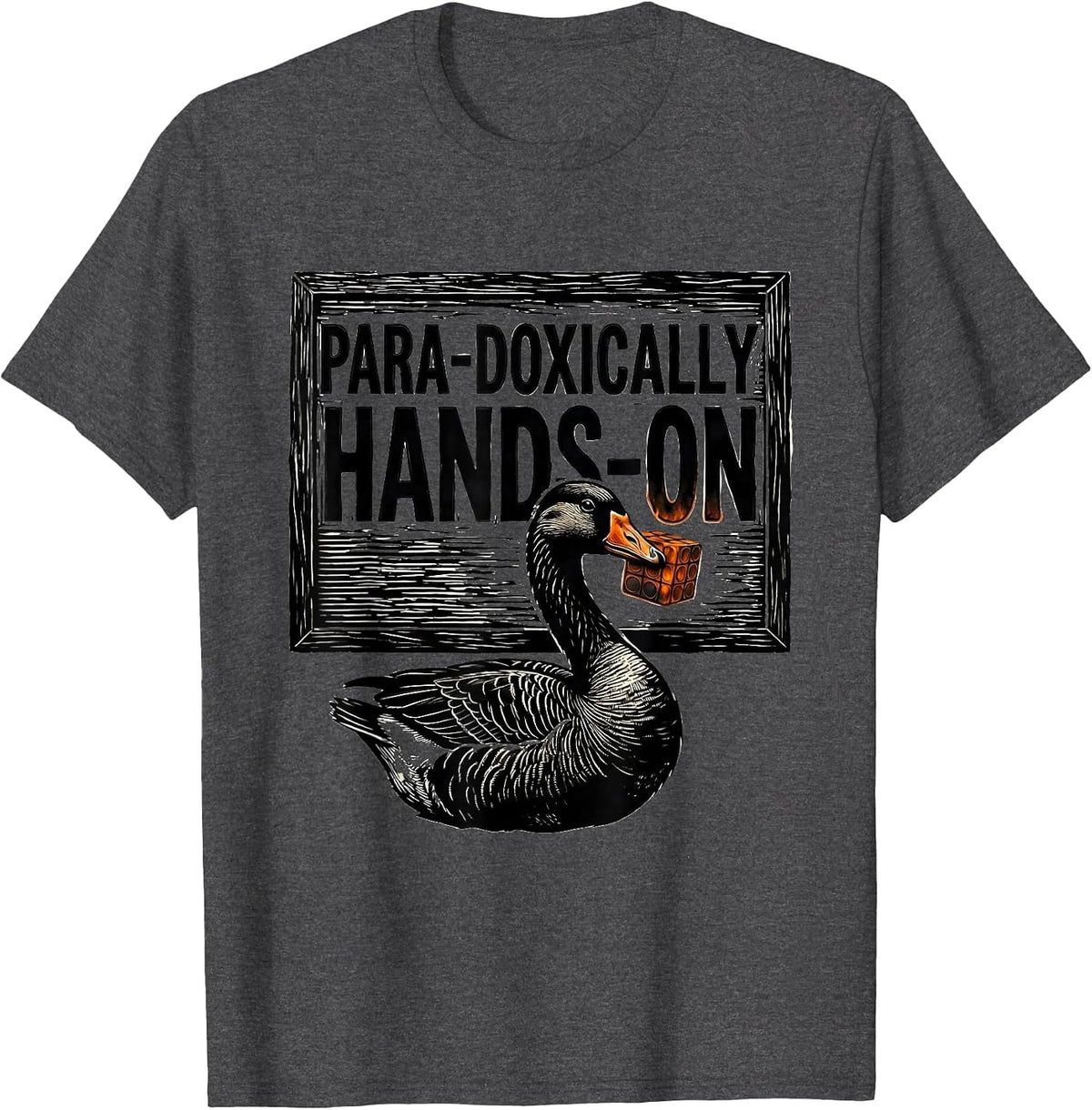 Para-Doxically Hands-On Linocut Funny Paraprofessional Goose T-Shirt - Dark Heather Grey