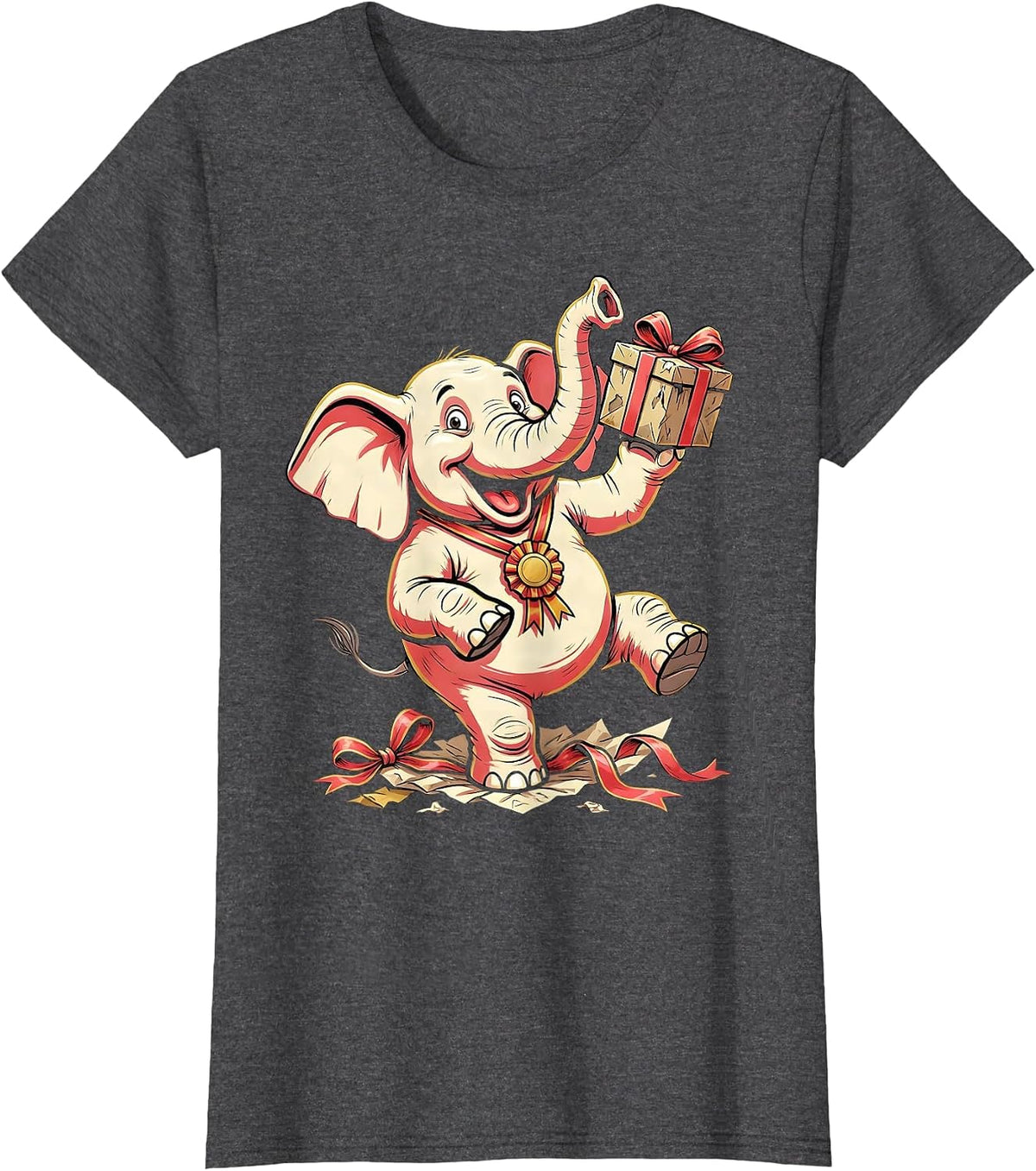 Women's Grinning Elephant Funny White Elephant Gift Exchange Party T-Shirt - Dark Heather Grey