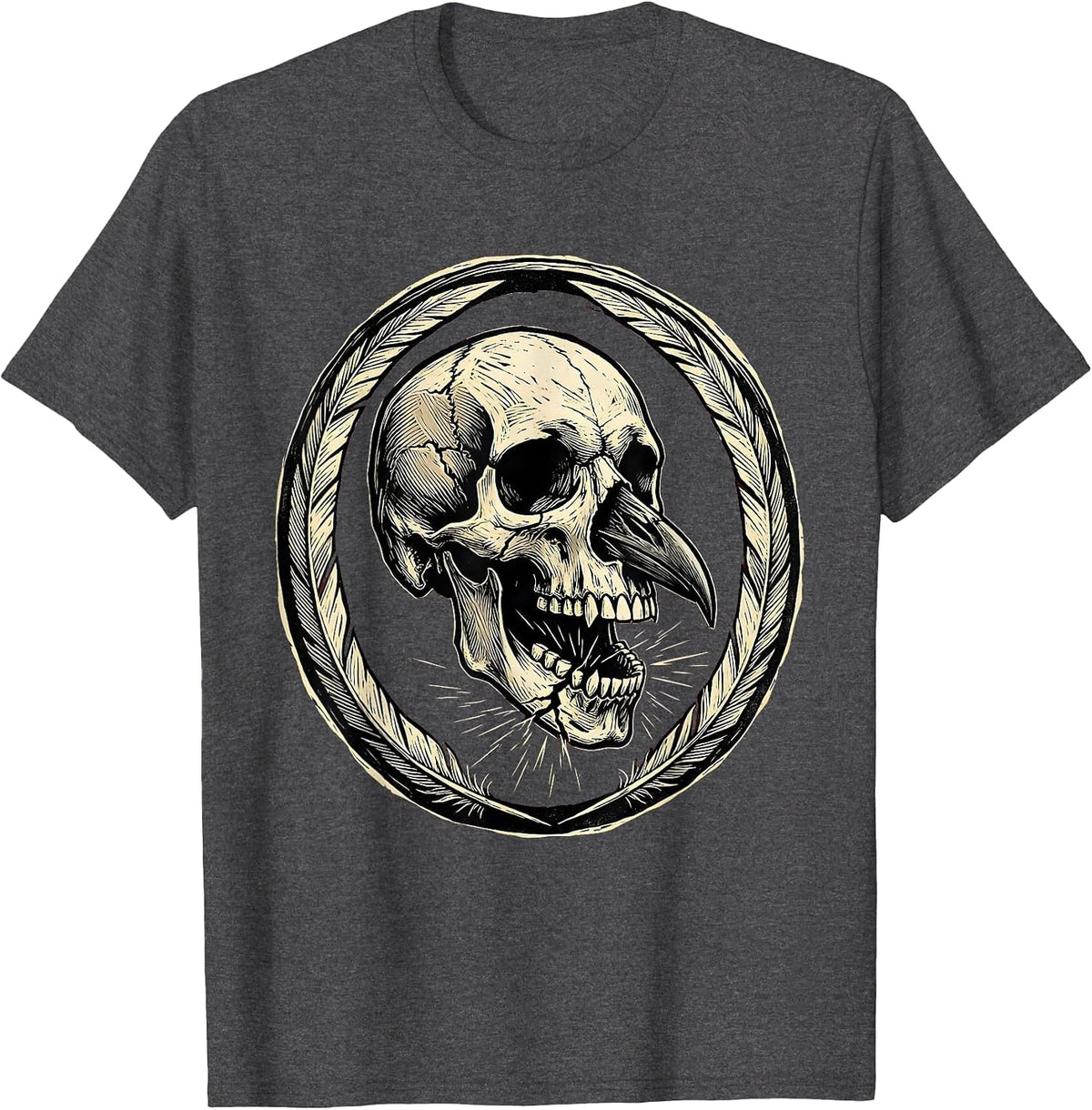 Crow Skull Cracked Beak Dark Gothic Illustration T-Shirt - Dark Heather Grey