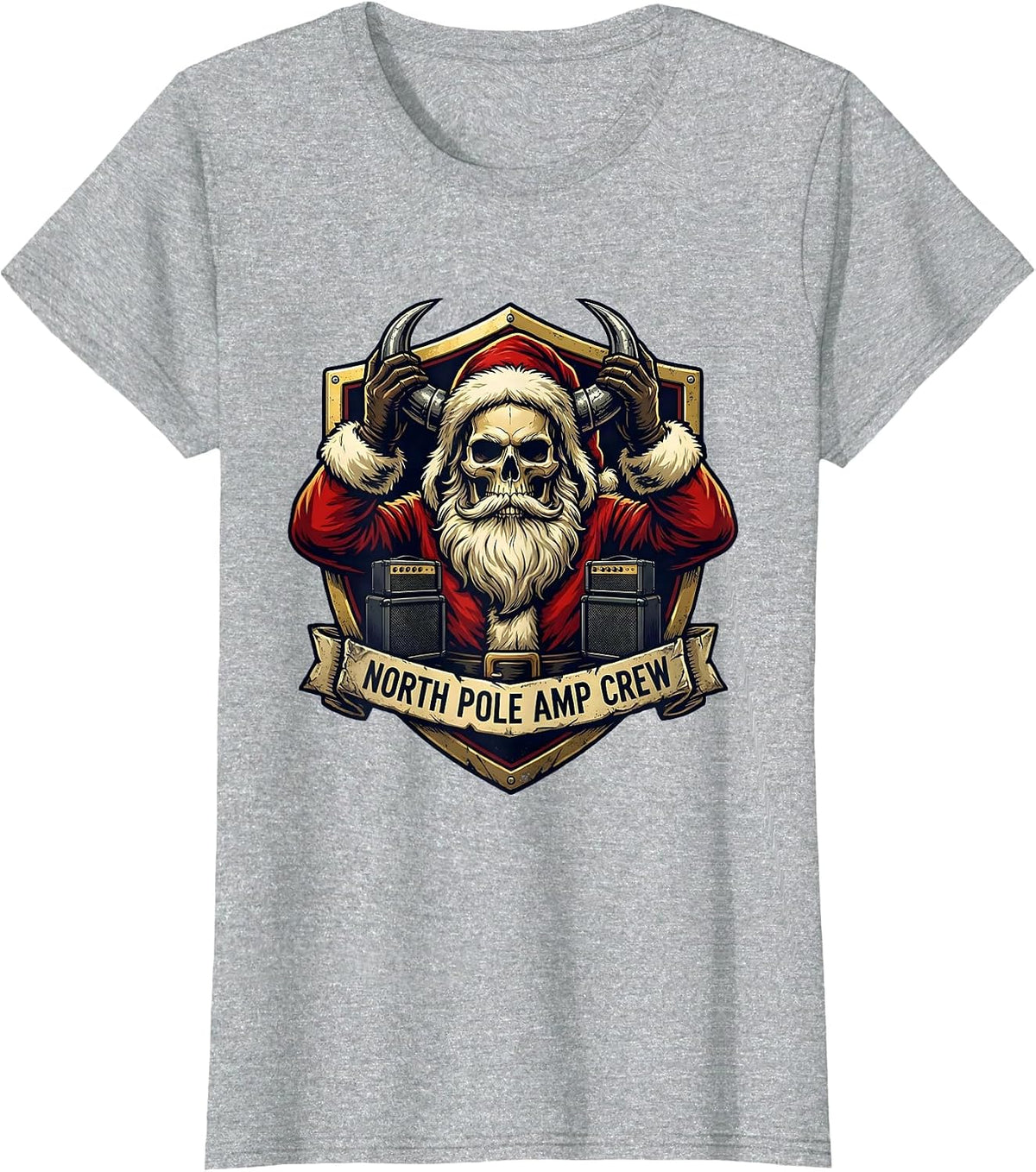 North Pole Amp Crew Emblem Funny Heavy Metal Christmas T-Shirt - Heather Grey