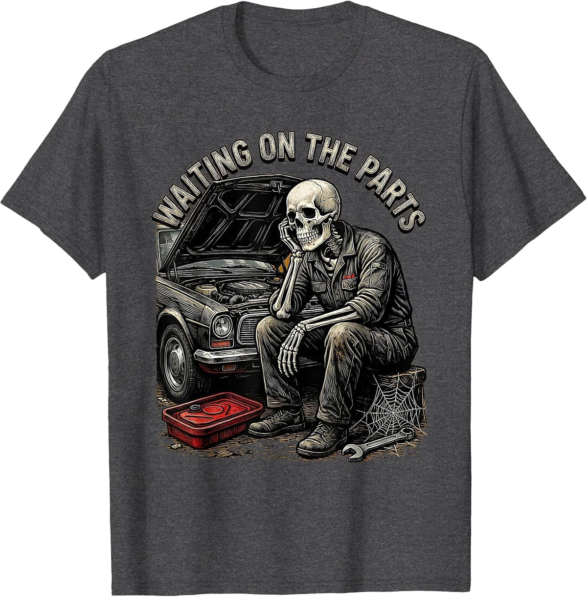 Men's Waiting On The Parts Funny Mechanic Skeleton Auto Repair T-Shirt - Dark Heather Grey