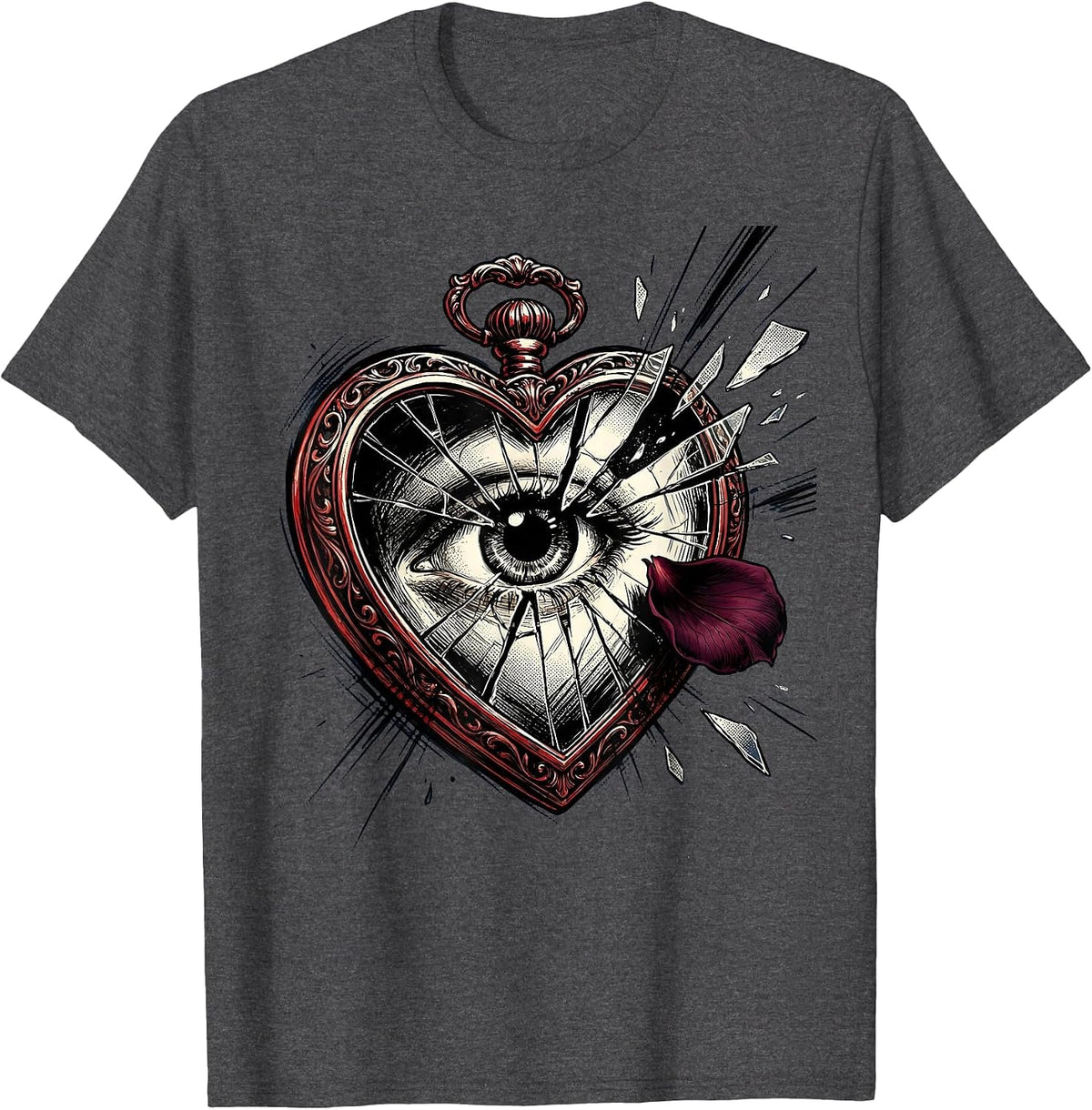 Emo Cracked Locket Mirror Gothic Design T-Shirt - Dark Heather Grey