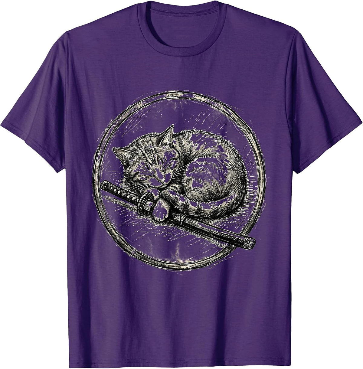 Sleeping Cat with Sword Chill Warrior Graphic T-Shirt - Purple
