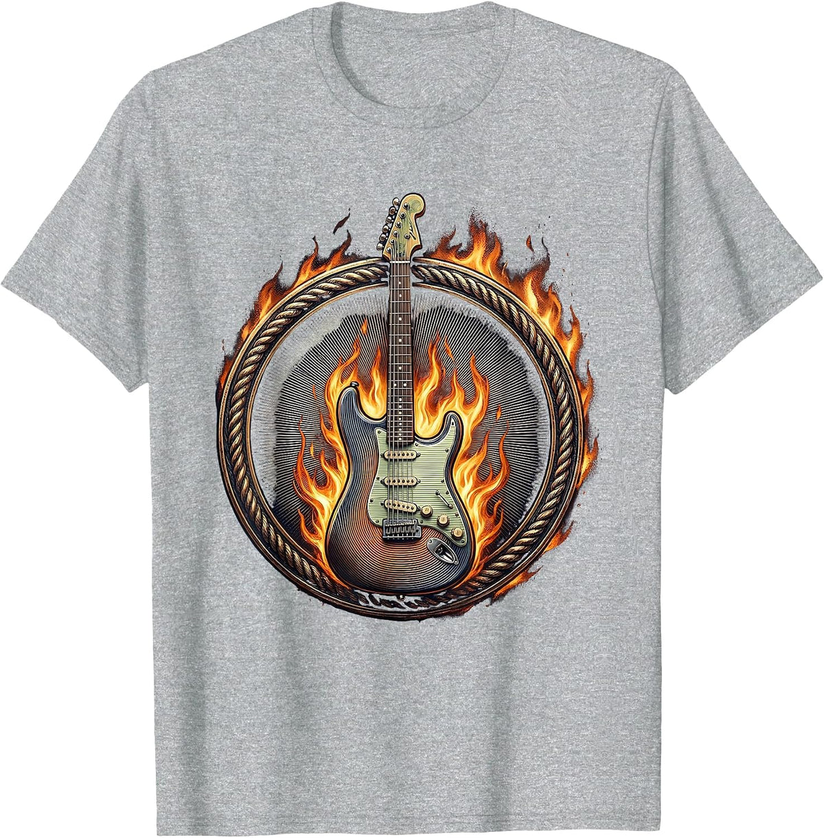 Men's Flaming Electric Guitar Metal Band Graphic T-Shirt - Heather Grey