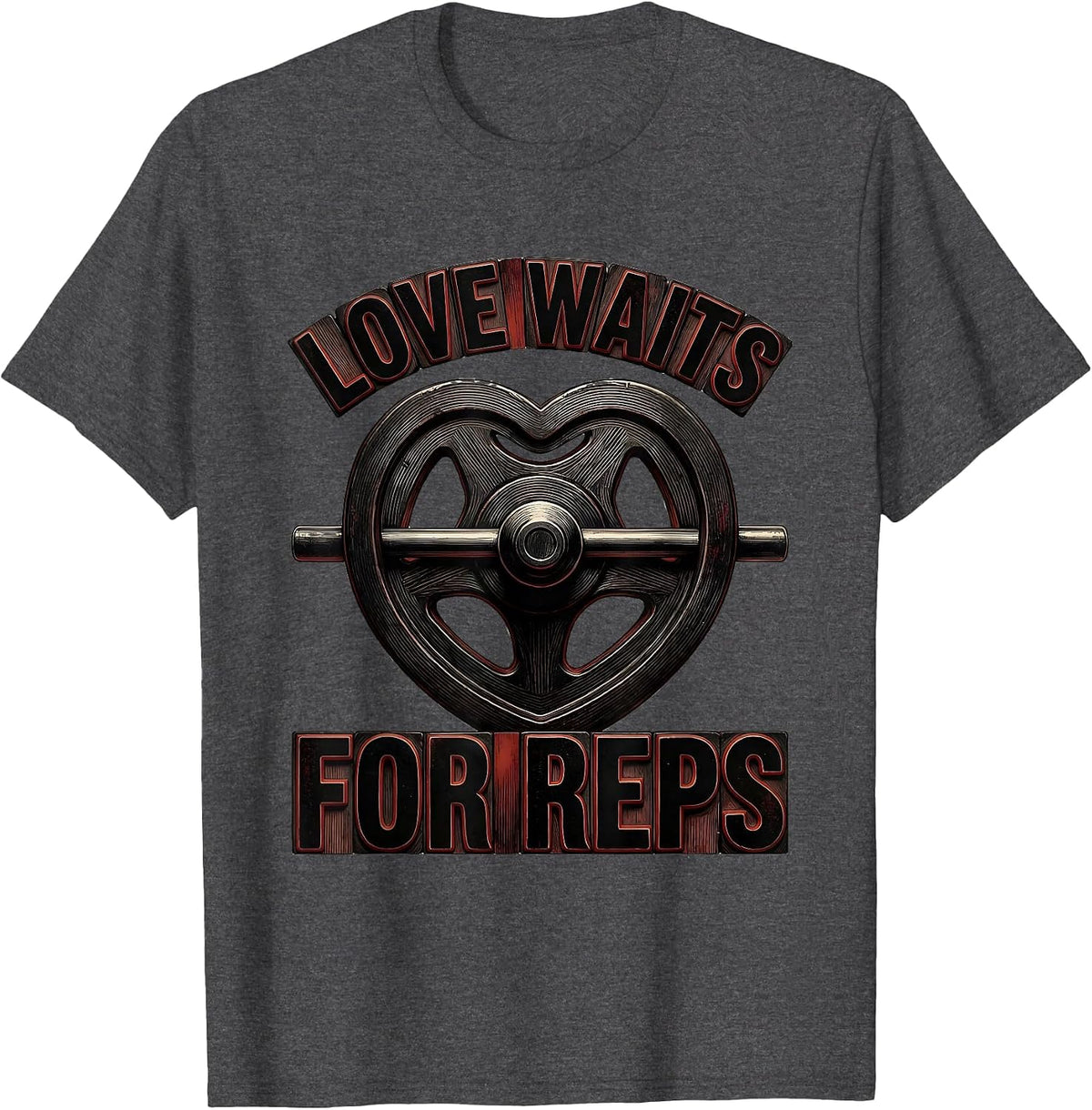 Men's Love Waits For Reps Funny Gym Valentine Weightlifting Humor T-Shirt - Dark Heather Grey