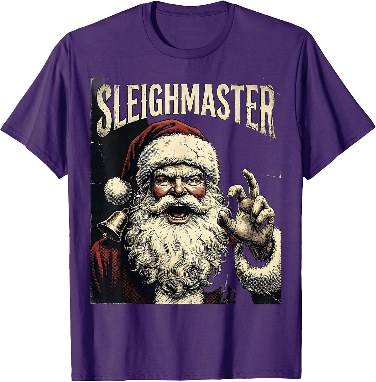 Sleighmaster Distressed Heavy Metal Rock Santa Christmas T-Shirt - Purple