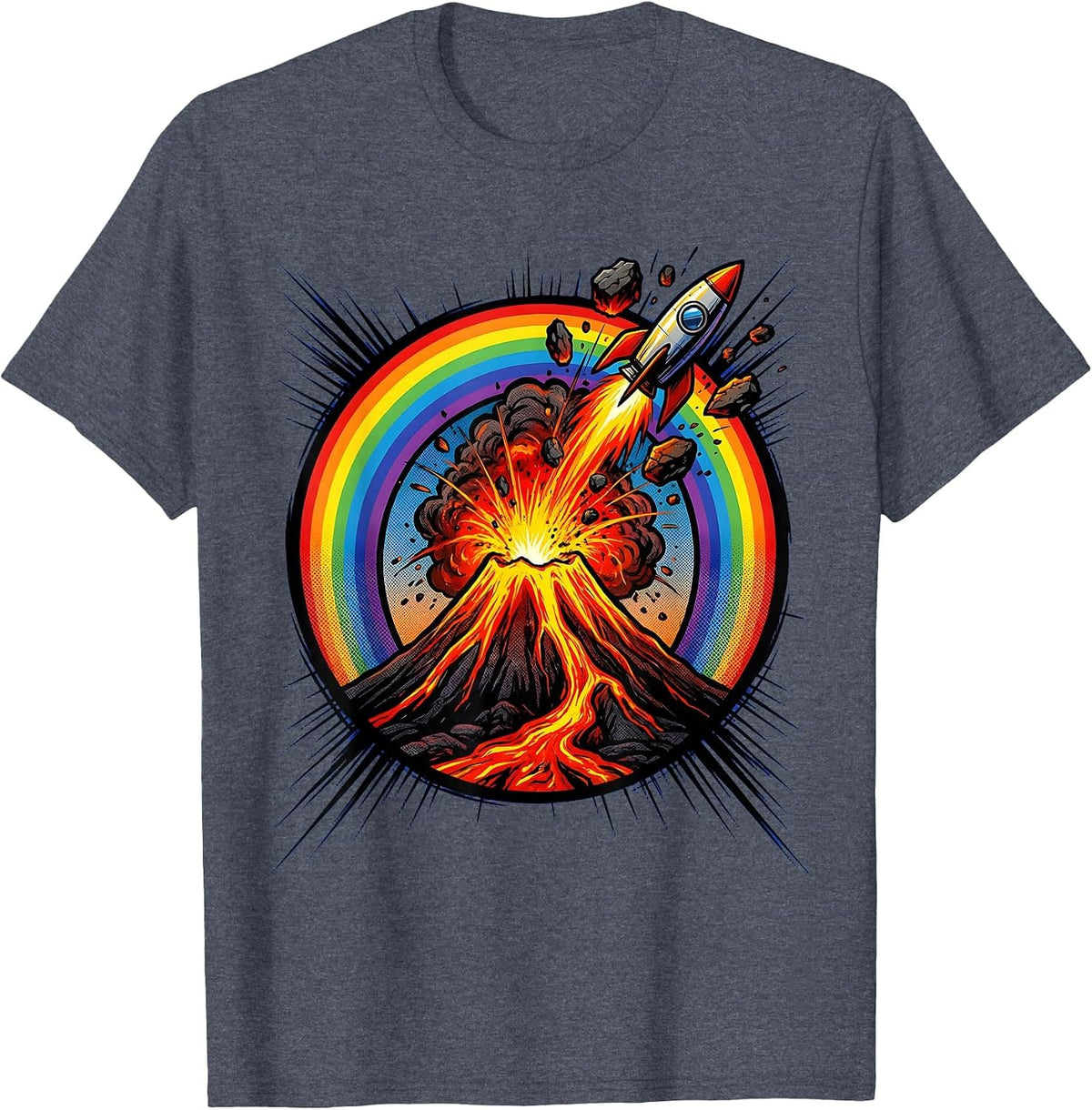 Volcano Eruption Rainbow Nature Graphic T-Shirt - Heather Blue
