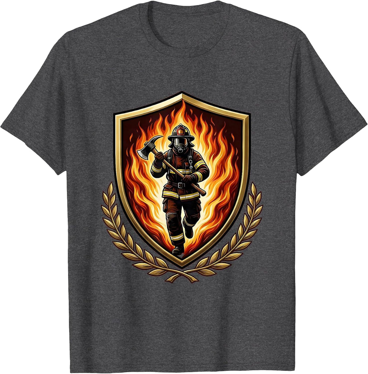 Men's Firefighter Silhouette Emerging From Wall of Flames T-Shirt - Dark Heather Grey