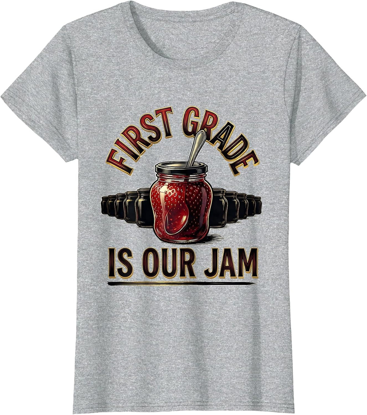 First Grade Is Our Jam Retro Strawberry Teacher Student Back T-Shirt - Heather Grey