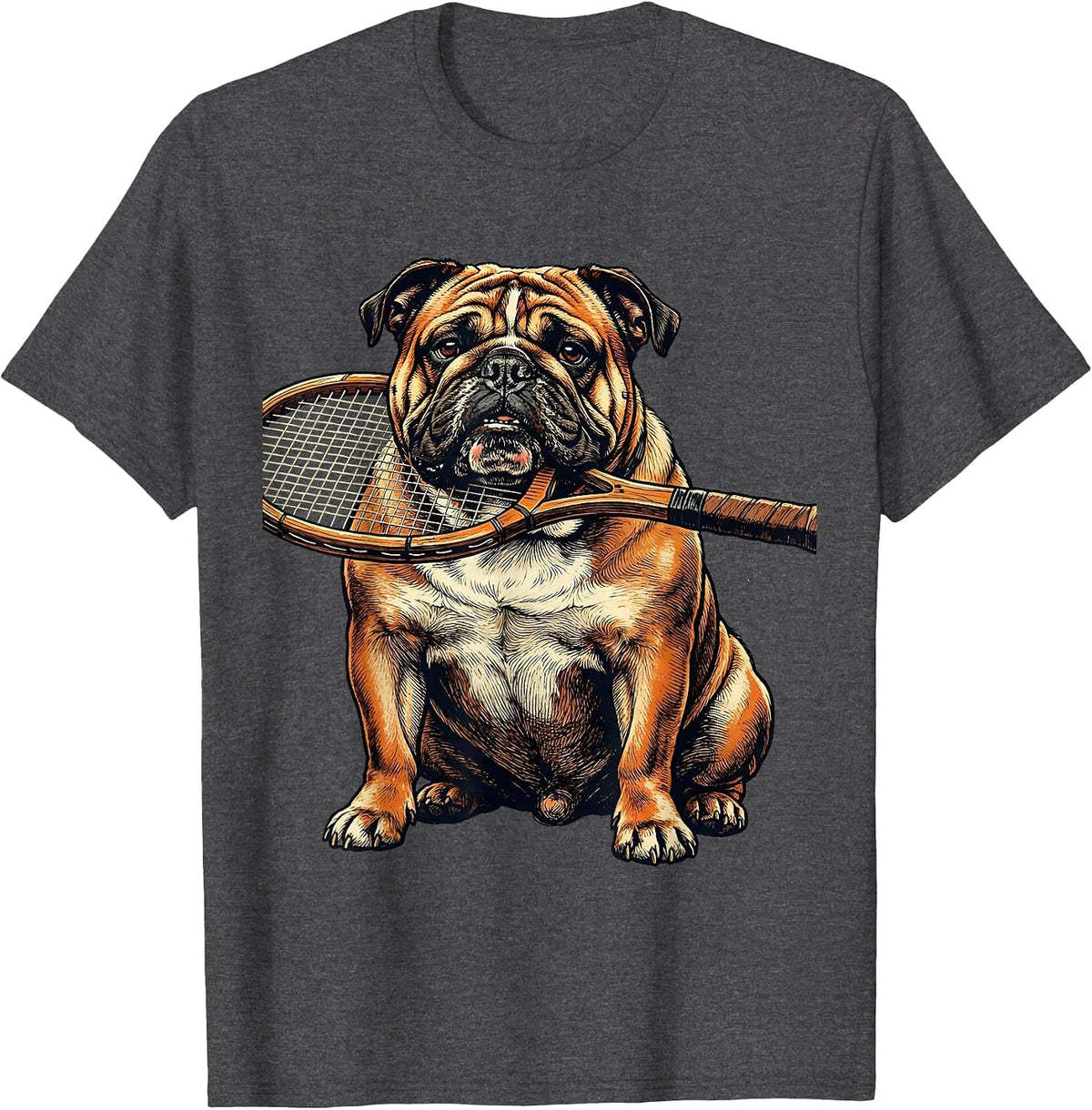 Bulldog Tennis Player with Racket Graphic Tee T-Shirt - Dark Heather Grey