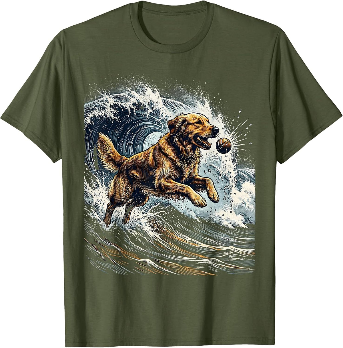Golden Retriever Fetching Ball in Ocean Waves T-Shirt - Olive Green