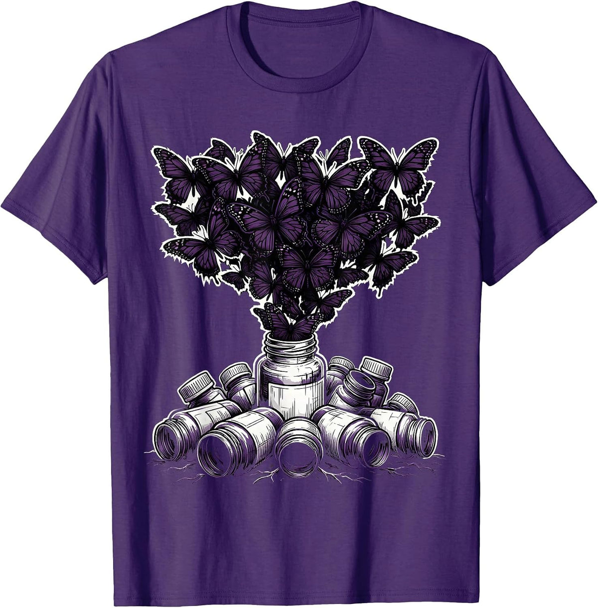 Men's Emo Pill Bottles Black Butterflies Graphic T-Shirt - Purple