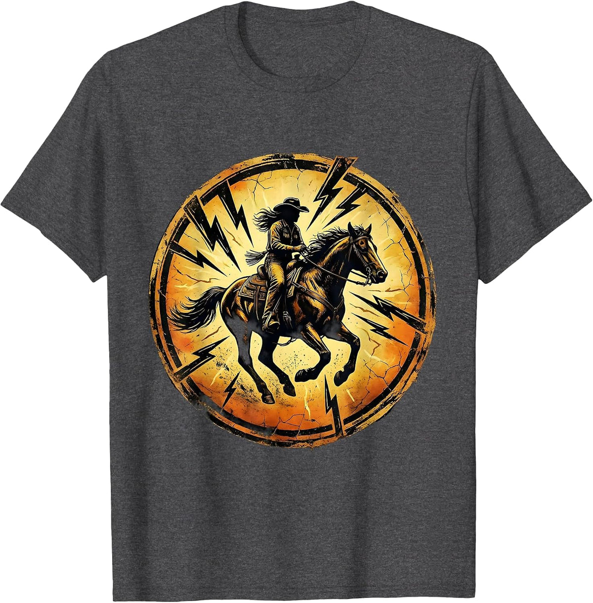 Men's Cowgirl Riding Bareback Through Lightning Storm T-Shirt - Dark Heather Grey