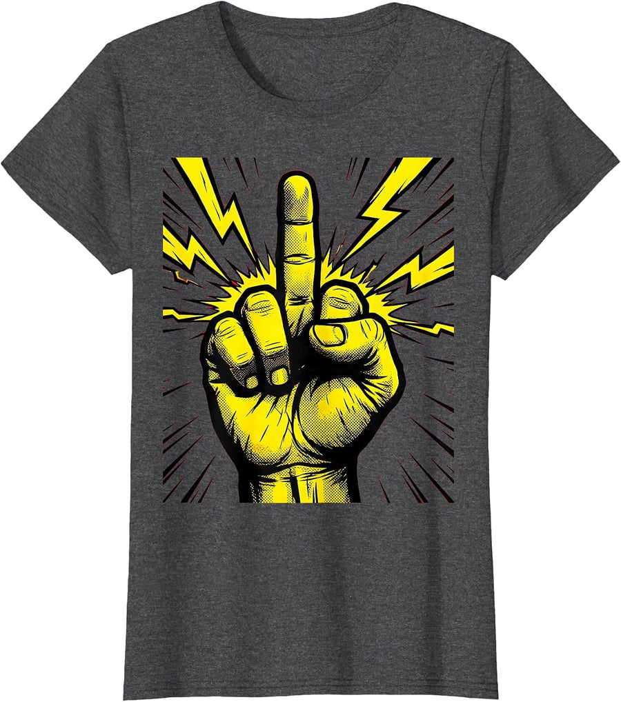 Women's Middle Finger Lightning Bolt Graphic Design T-Shirt - Dark Heather Grey