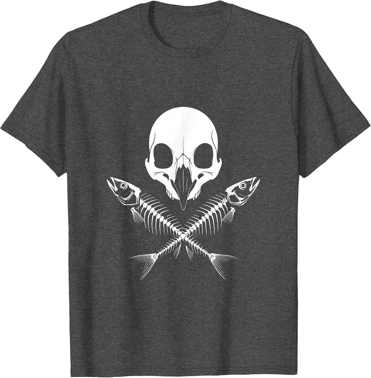 Penguin Skull Crossed Fish Bones Dark Art Design T-Shirt - Dark Heather Grey
