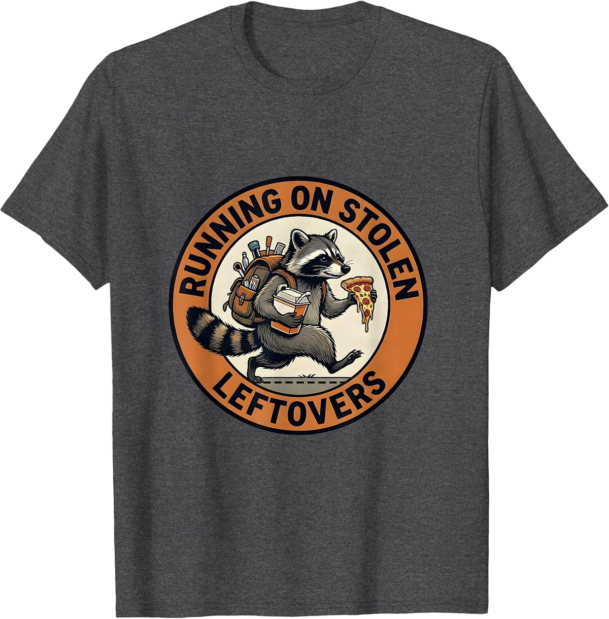 Men's Running on Stolen Leftovers Raccoon Design T-Shirt - Dark Heather Grey