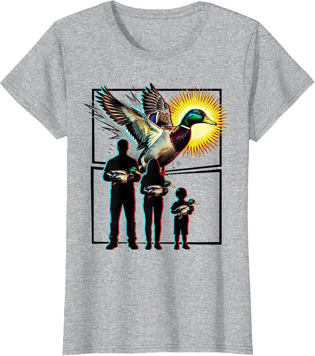 Comic Panel Mallard Duck Hunting Family Camo T-Shirt - Heather Grey