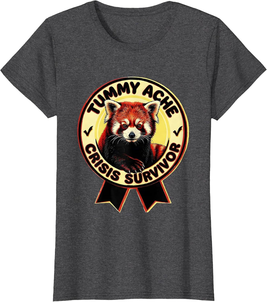 Women's Tummy Ache Crisis Survivor Funny Red Panda Meme Bootleg T-Shirt - Dark Heather Grey