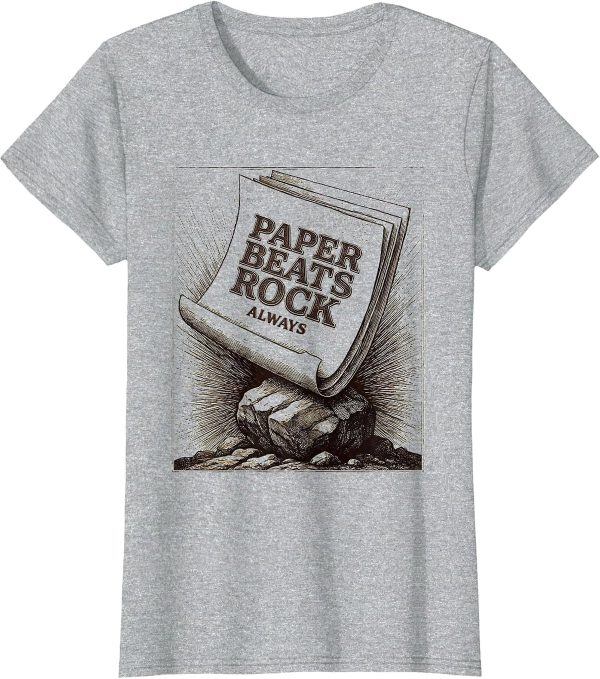 Paper Beats Rock Always Funny Graphic Design T-Shirt - Heather Grey
