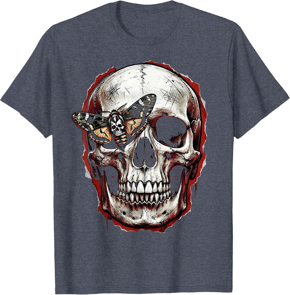 Eyeless Skull Moth Eye Socket Dark Art Design T-Shirt - Heather Blue