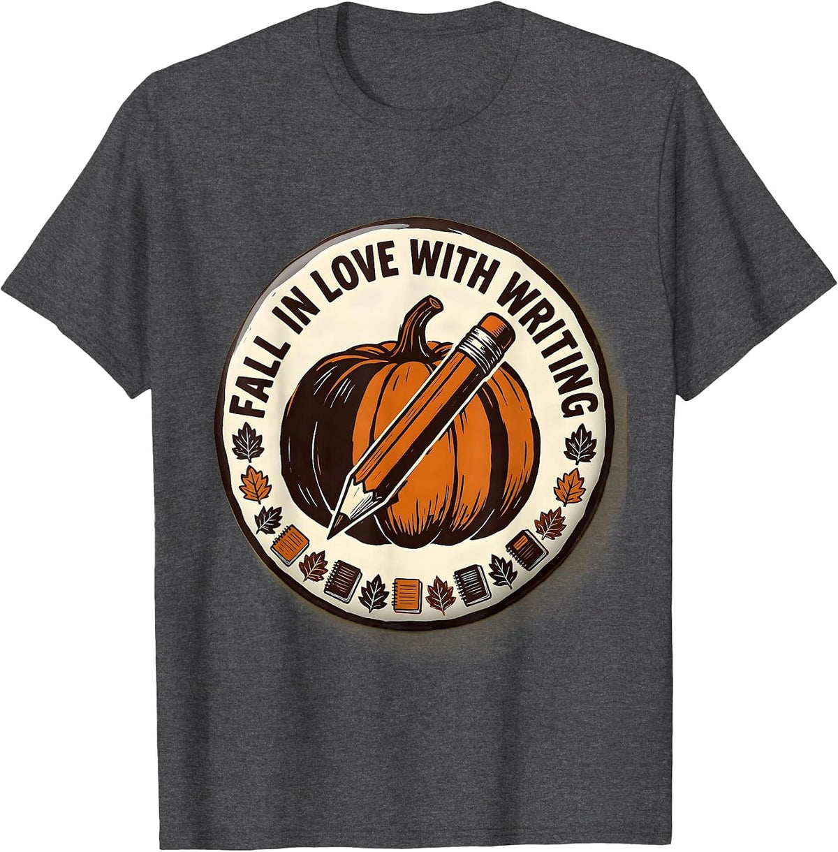Fall In Love With Writing Retro Pumpkin Teacher Autumn Humor T-Shirt - Dark Heather Grey