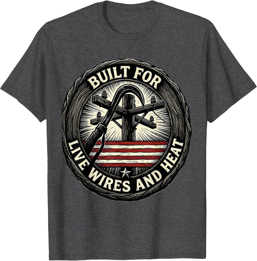 Men's Built For Live Wires And Heat Linocut Electrician Oilfield T-Shirt - Dark Heather Grey