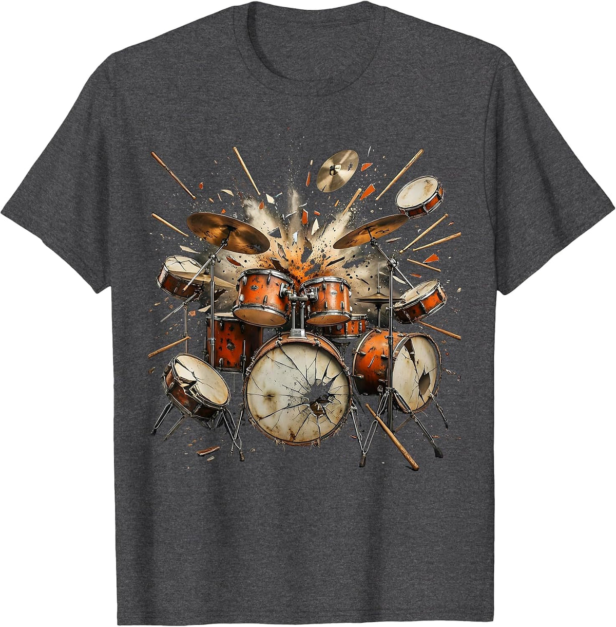 Exploding Drum Kit Starburst Burst Illustration T-Shirt - Dark Heather Grey