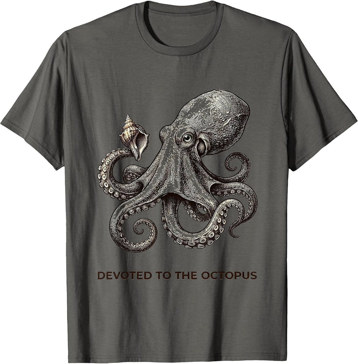 Men's Devoted to the Octopus Crosshatch Etching Octopus Lover T-Shirt - Asphalt Grey