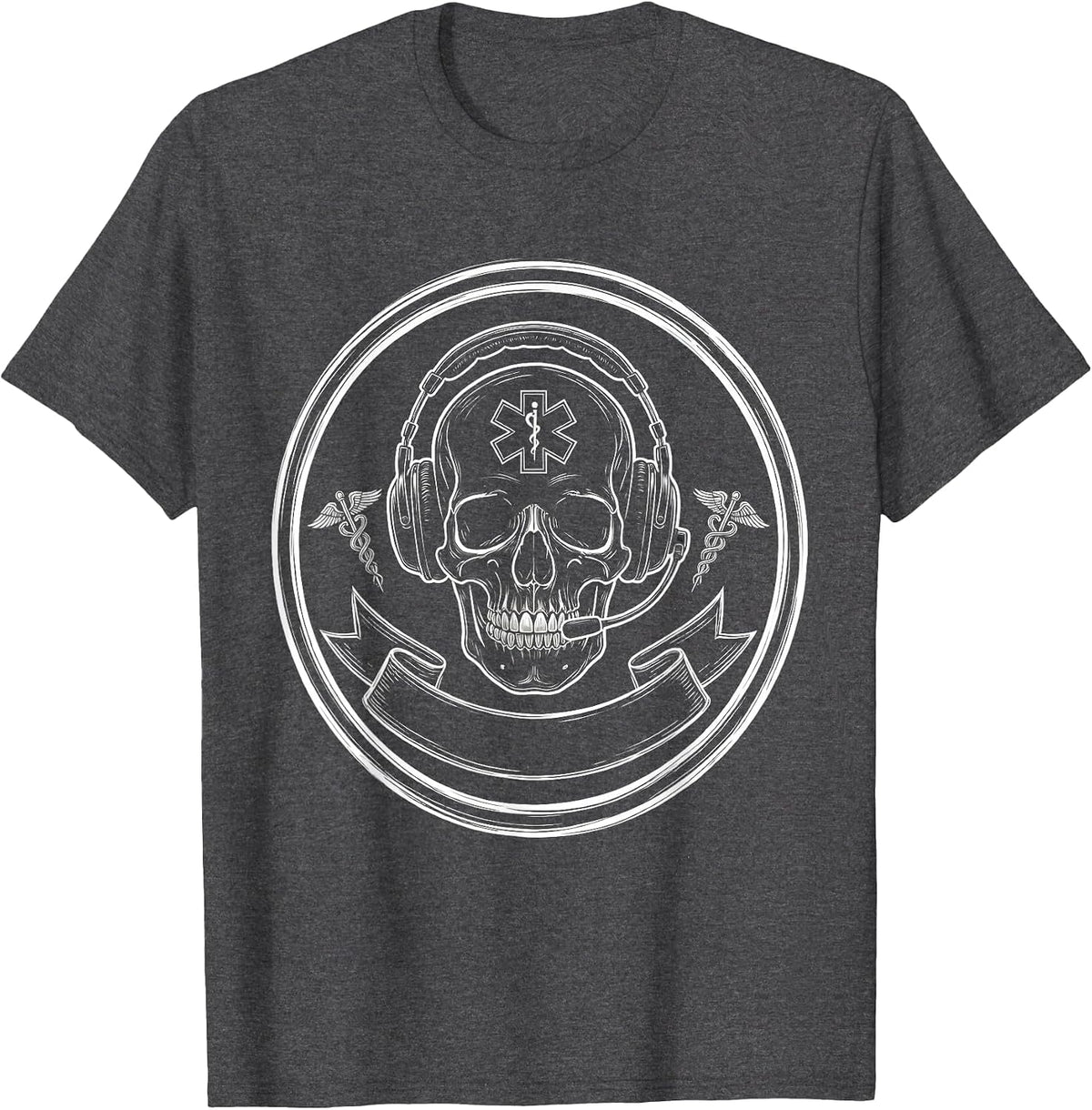 Men's EMT Skull Badge and Headset Graphic Design T-Shirt - Dark Heather Grey
