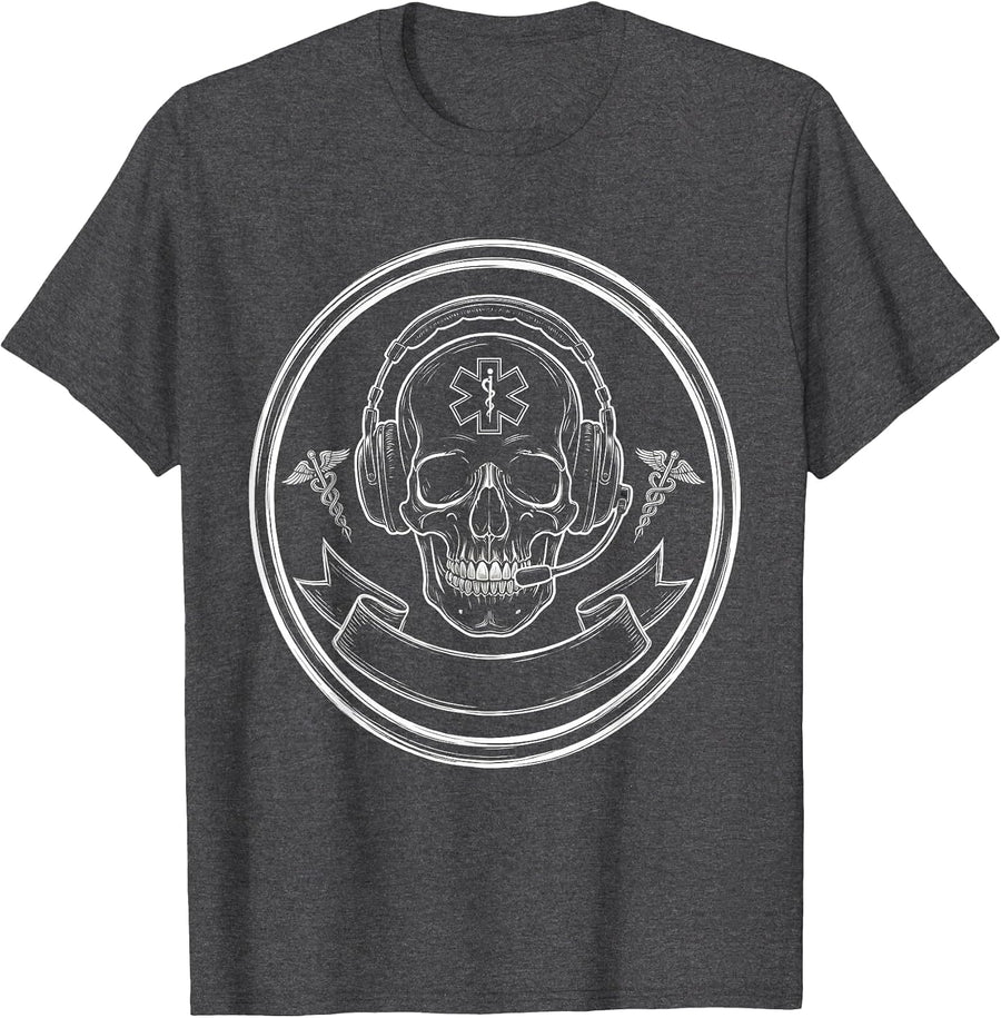 Men's EMT Skull Badge and Headset Graphic Design T-Shirt - Dark Heather Grey