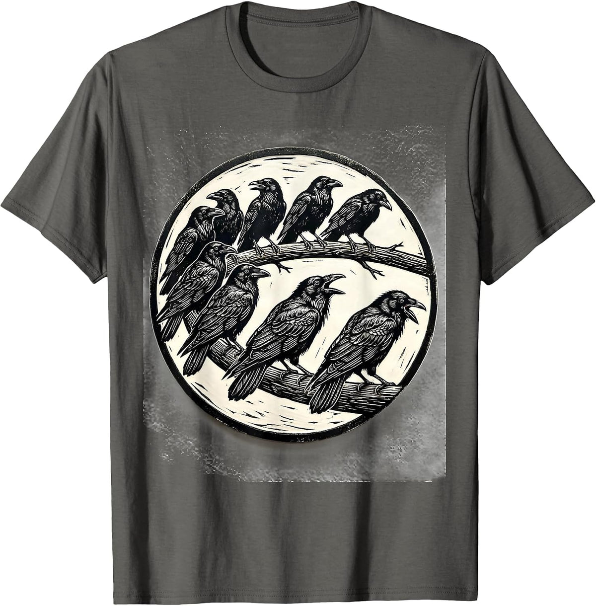 Men's Sealed Crow Woodcut Gothic Humor Novelty T-Shirt - Asphalt Grey