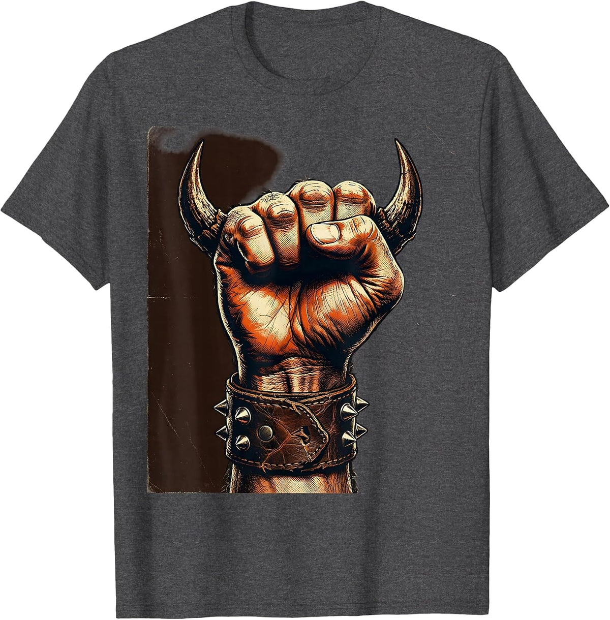 80s Rock Devil Horns Fist Raised Graphic T-Shirt - Dark Heather Grey