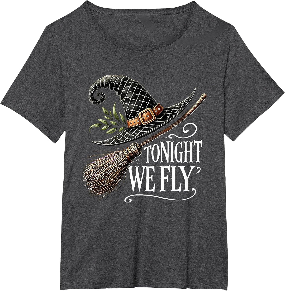Tonight We Fly Halloween Witch Hat and Broom Salem Witch T-Shirt - Dark Heather Grey