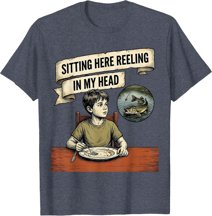 Sitting Here Reeling In My Head Funny Bass Fishing Humor T-Shirt - Heather Blue