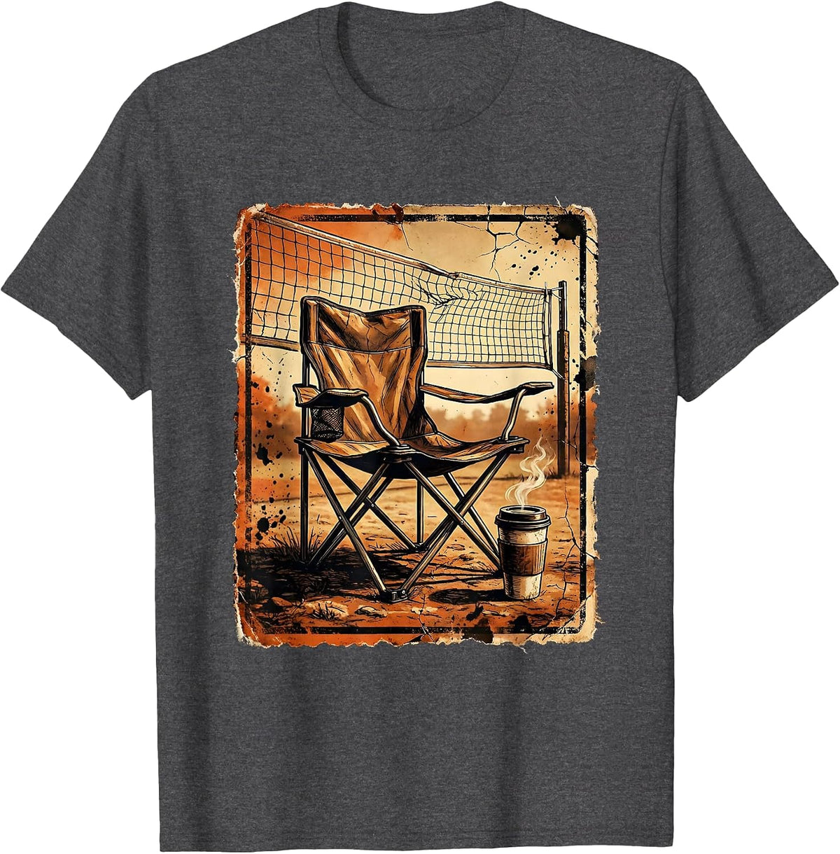 Volleyball Mom Folding Chair Coffee Net Graphic T-Shirt - Dark Heather Grey