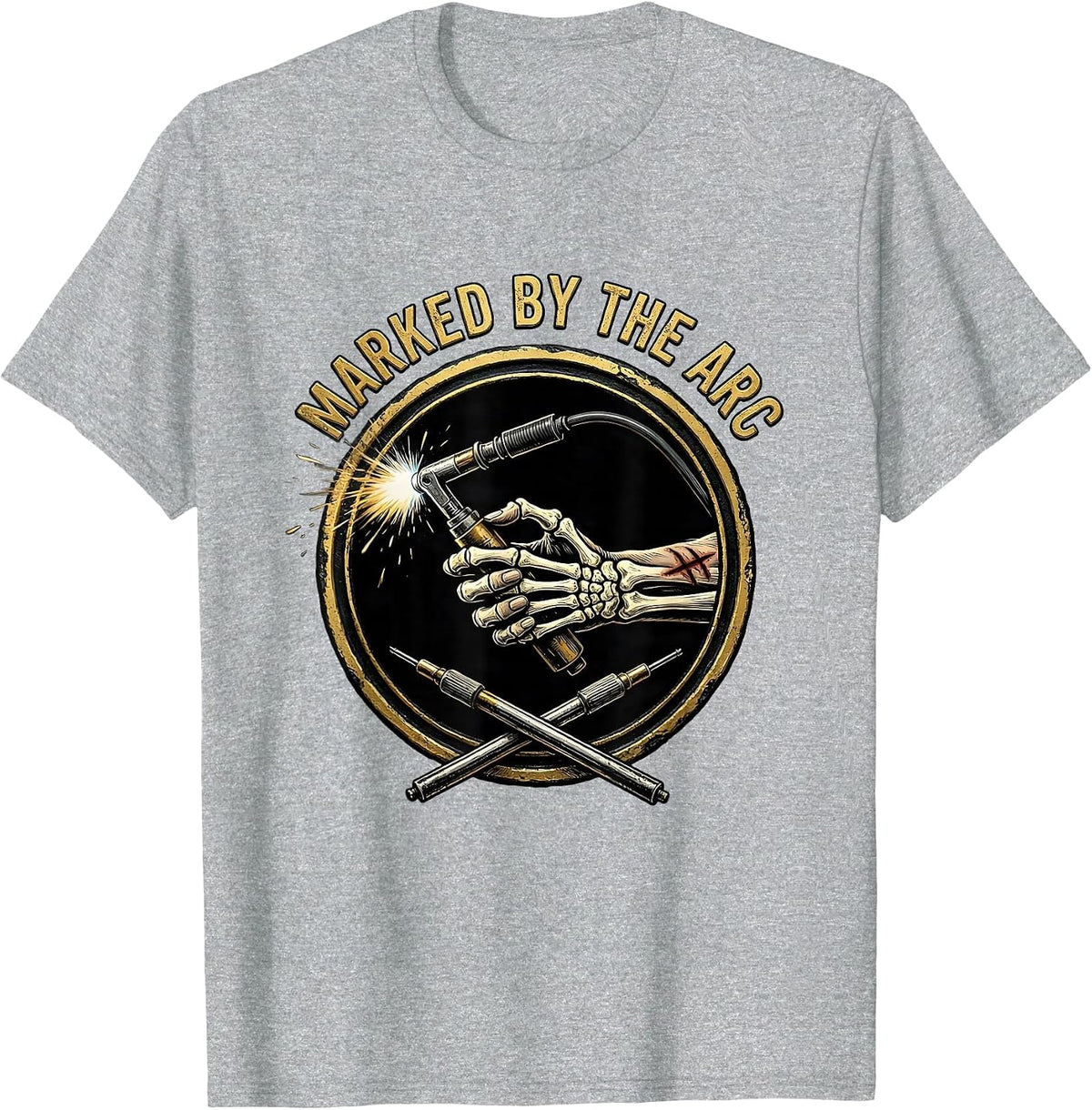 Men's Marked By The Arc Skeleton Welder Tradesman Humor T-Shirt - Heather Grey