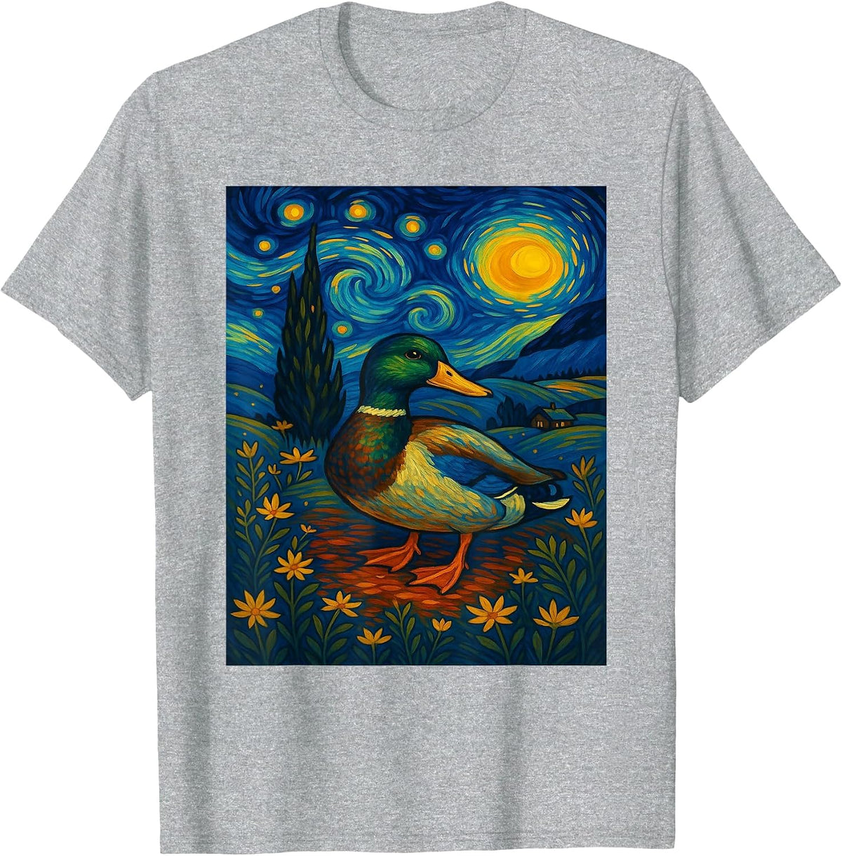 Starry Night Mallard Duck Van Gogh Style Hunting Farmer Farm T-Shirt - Heather Grey