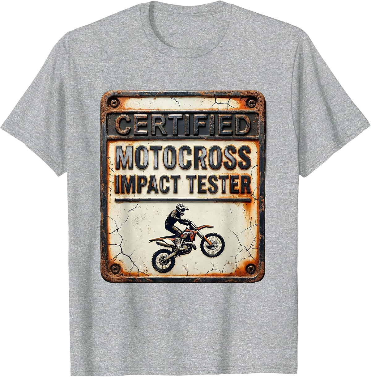 Men's Certified Motocross Impact Tester Distressed Dirt Bike Humor T-Shirt - Heather Grey