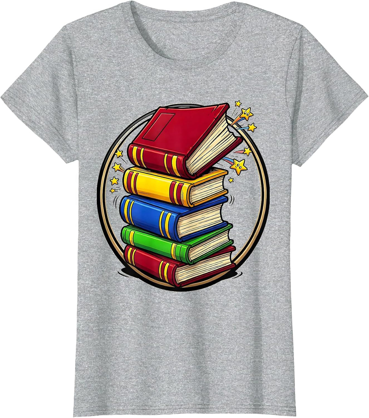 Preschool Teacher Stacked Colorful Books Graphic T-Shirt - Heather Grey