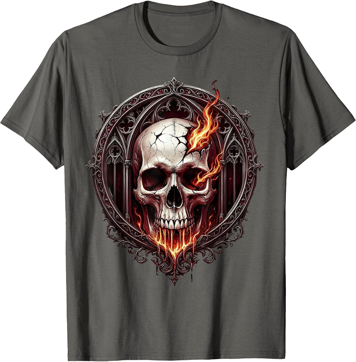 Cracked Skull Red Flames Dark Graphic Design T-Shirt - Asphalt Grey
