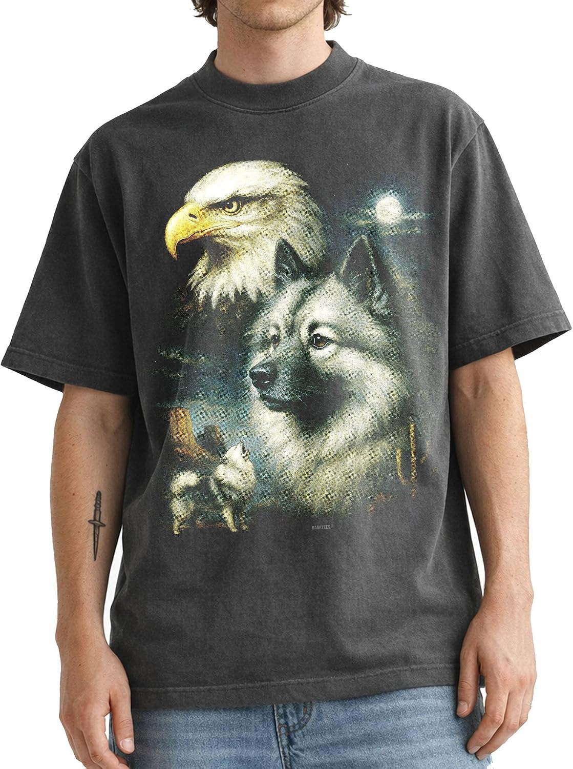 Shaka Wear Dog & Bald Eagle Thunder Tshirt - Faded Max-Heavyweight 7.5oz Oversized & Boxy - Keeshond