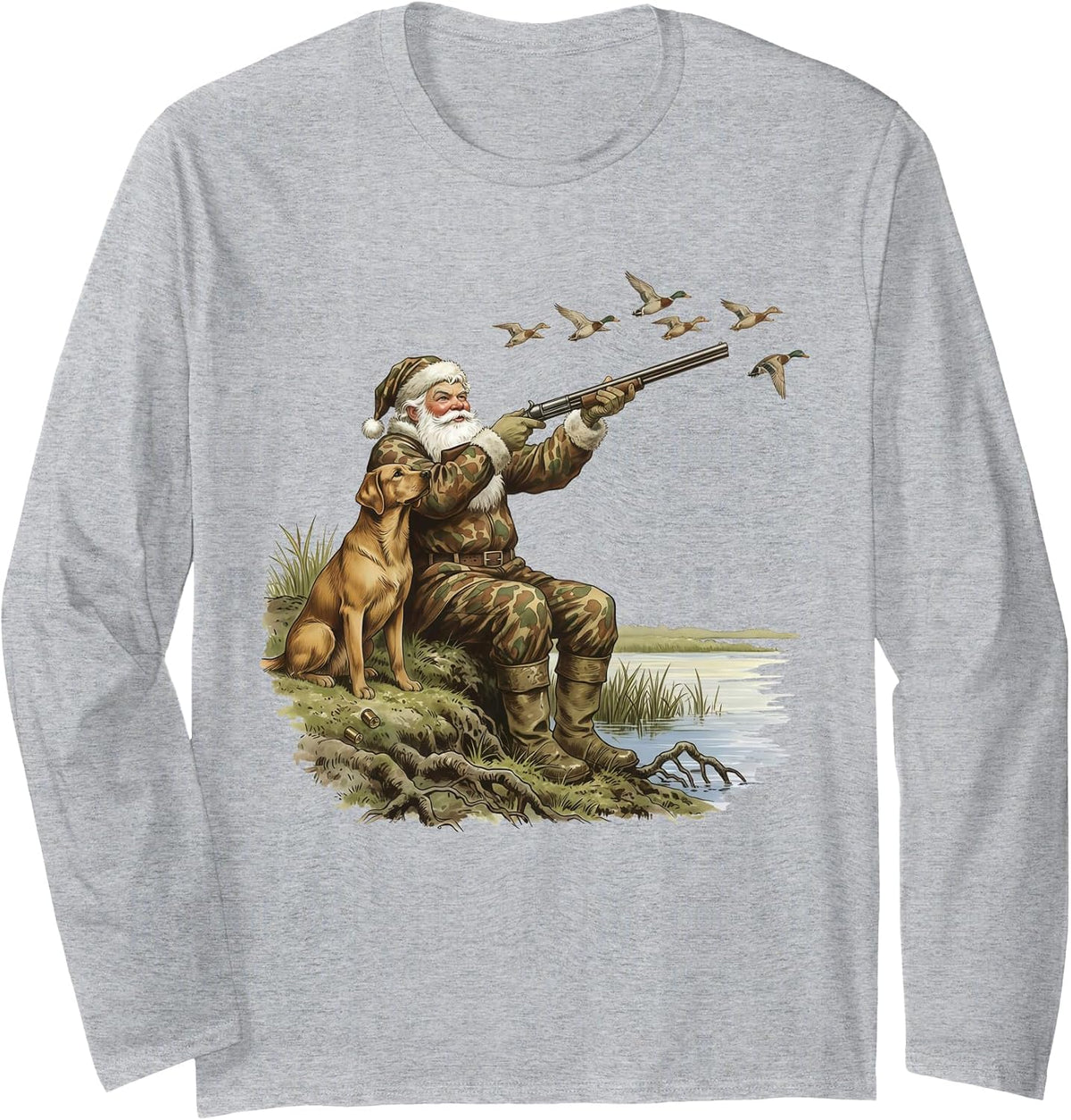 Camo Santa Mallard Duck Hunting Camouflage Christmas Hunter Long Sleeve T-Shirt - Adult Unisex Heather Grey