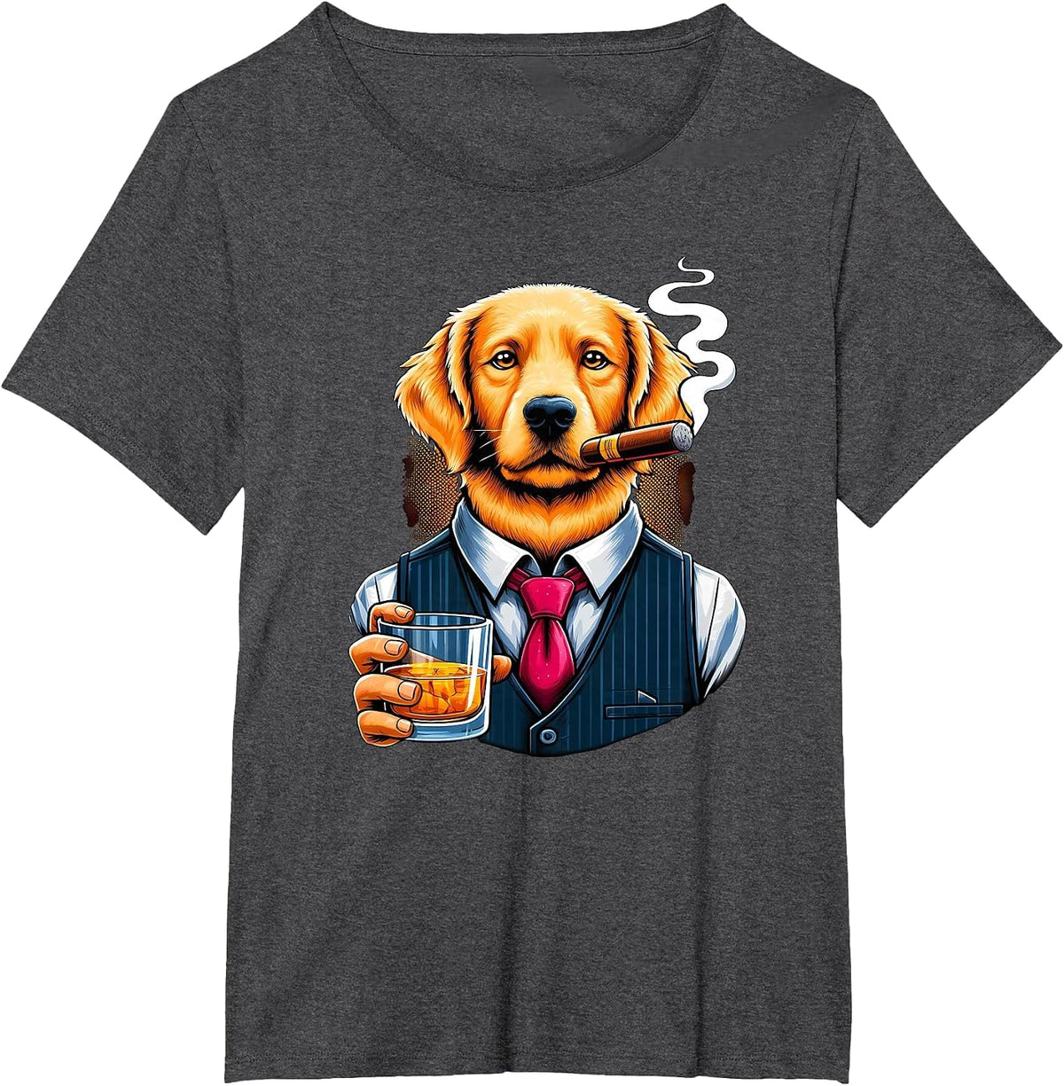 Golden Retriever Dog Cigar and Whiskey T-Shirt - Dark Heather Grey