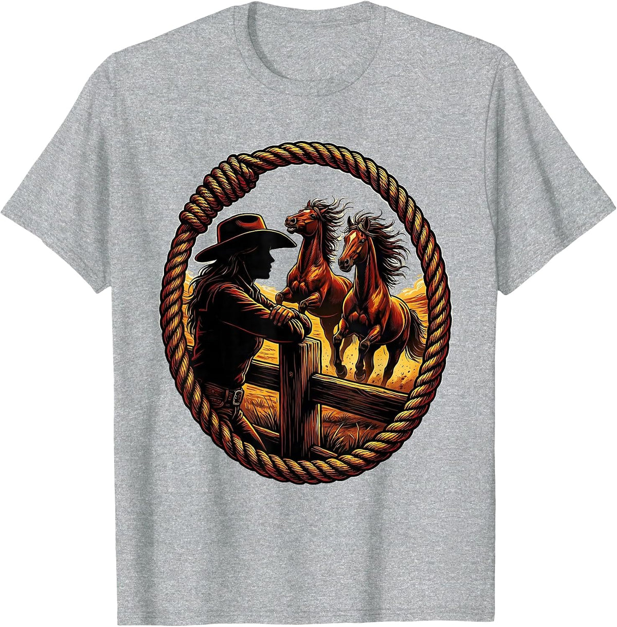 Men's Wild Horse Watcher Cowboy Fence Illustration T-Shirt - Heather Grey