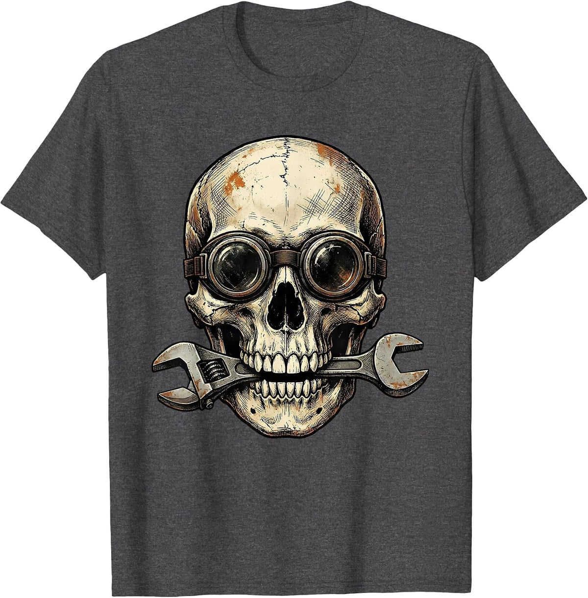 Men's Skull Welder Goggles Wrench Mechanic Graphic T-Shirt - Dark Heather Grey