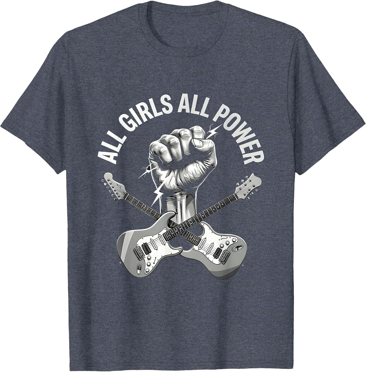 All Girls All Power Rock Band Graphic Design T-Shirt - Heather Blue