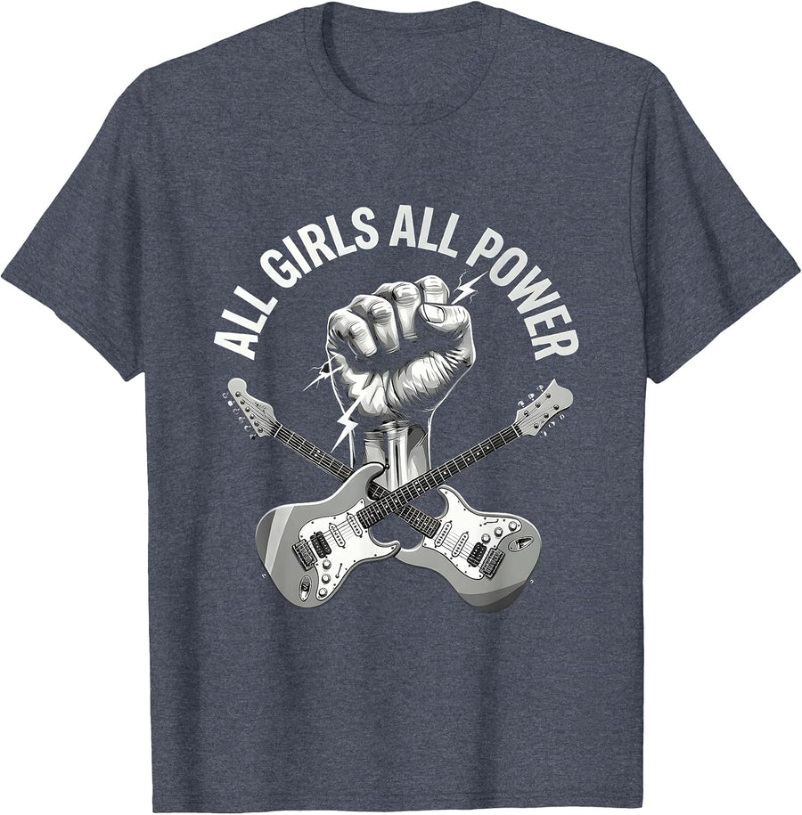 All Girls All Power Rock Band Graphic Design T-Shirt - Heather Blue