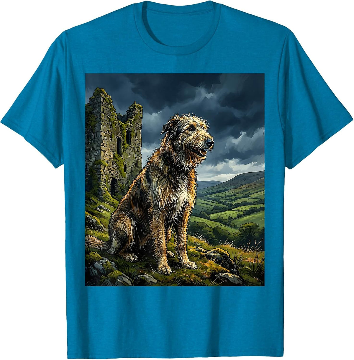 Irish Wolfhound and Castle Ruins Illustration T-Shirt - Sapphire Blue